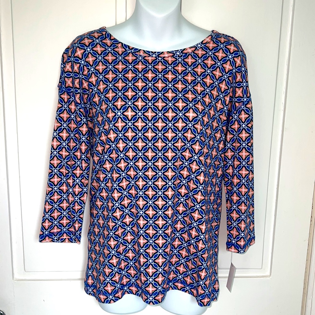 Nwt Talbots Geo Print Lattice Back Tee S Blue White Orange Diamond Print